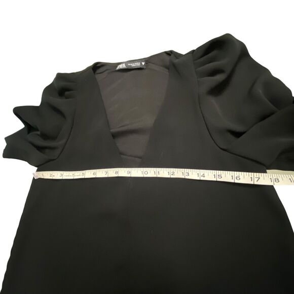 Zara Women Black Short Puff Sleeves Short Mini Dress Flowy V Neck XS - Picture 10 of 14
